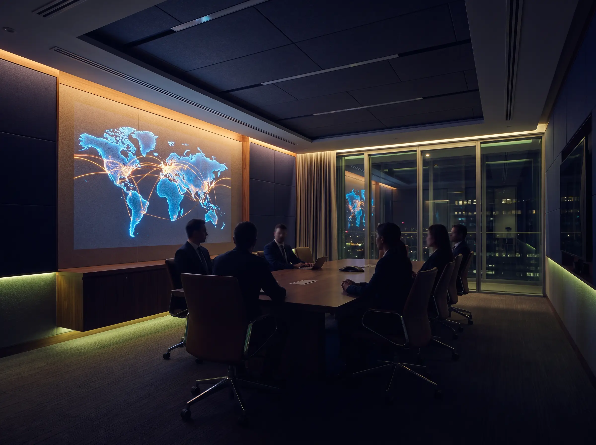 Corporate meeting room with global trade map