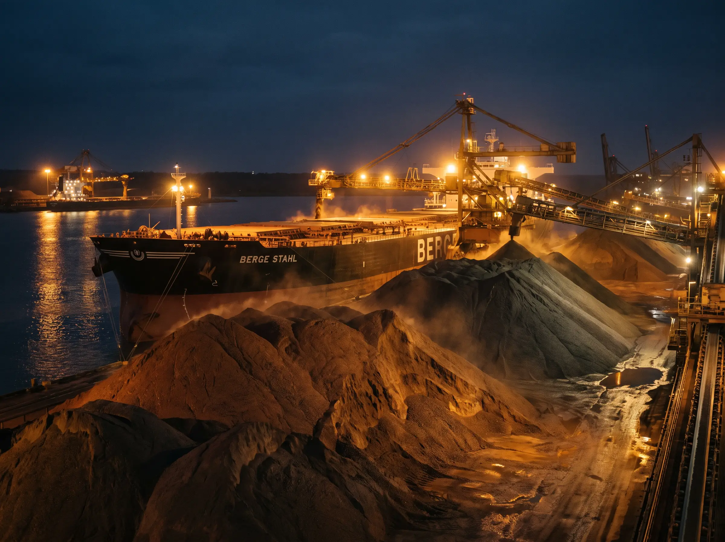 Bulk cargo ship loading mineral stockpiles